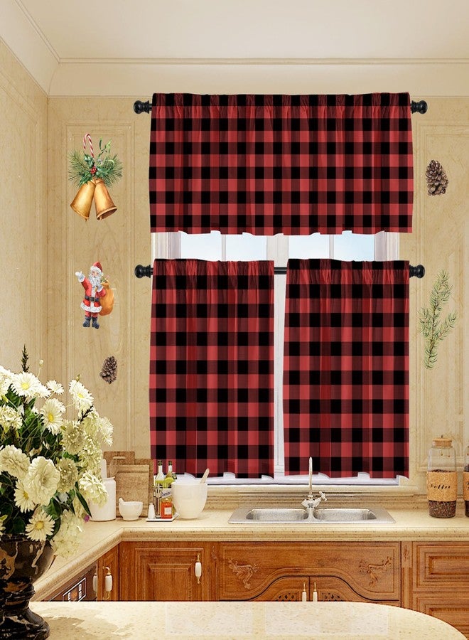 Deztibos Buffalo Check Tiers and Valances Set Black and Red Farmhouse Kitchen Window Curtain Rod Pocket Window Treatment Decor Curtain - Image 3